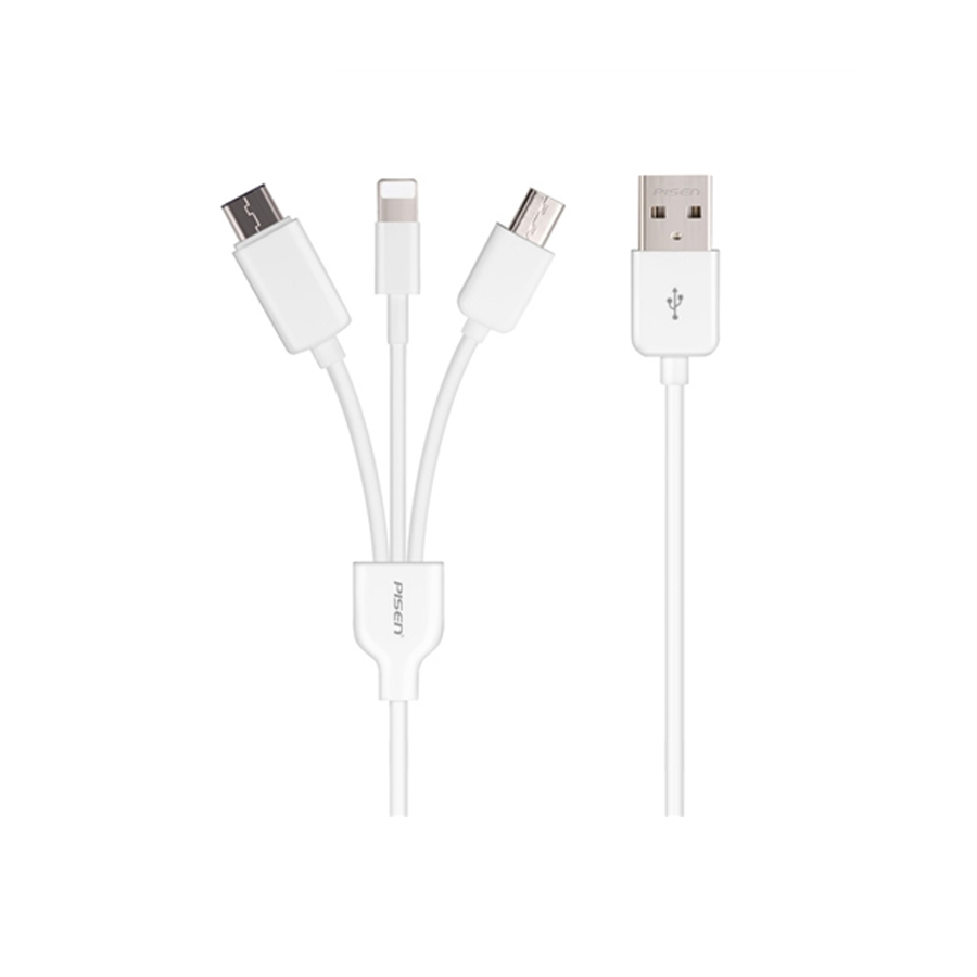 Кабель USB-3в1 [iPhone + MicroUSB + Type-C] Pisen AP07 (1200 мм.) Белый  купить в Екатеринбурге